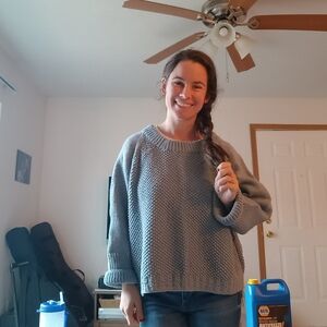 One Of A Kind Handknit Sweater, 100%Cotton, Dusty Blue, Moss Stitch